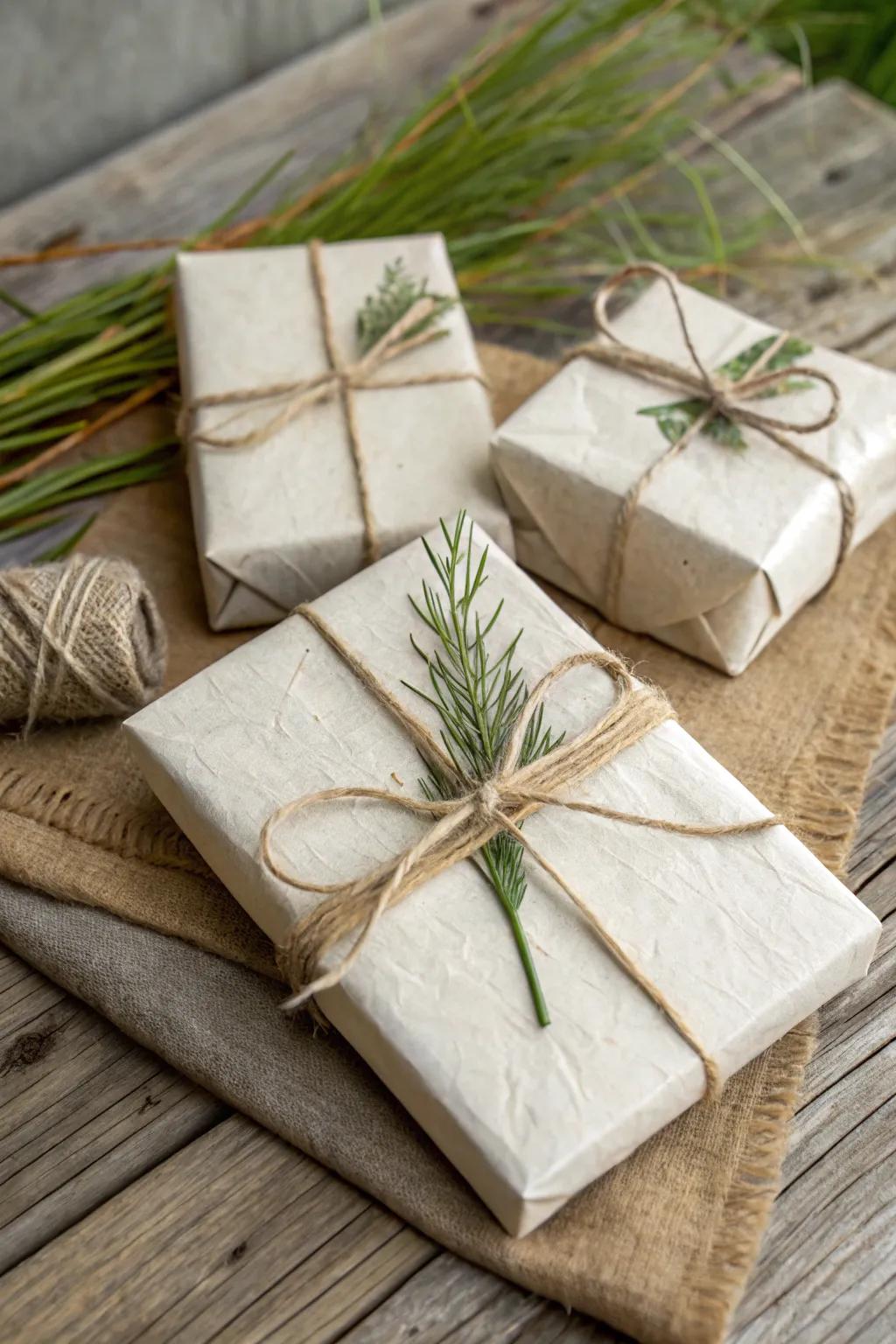 Eco-conscious wraps add a rustic and sustainable charm.