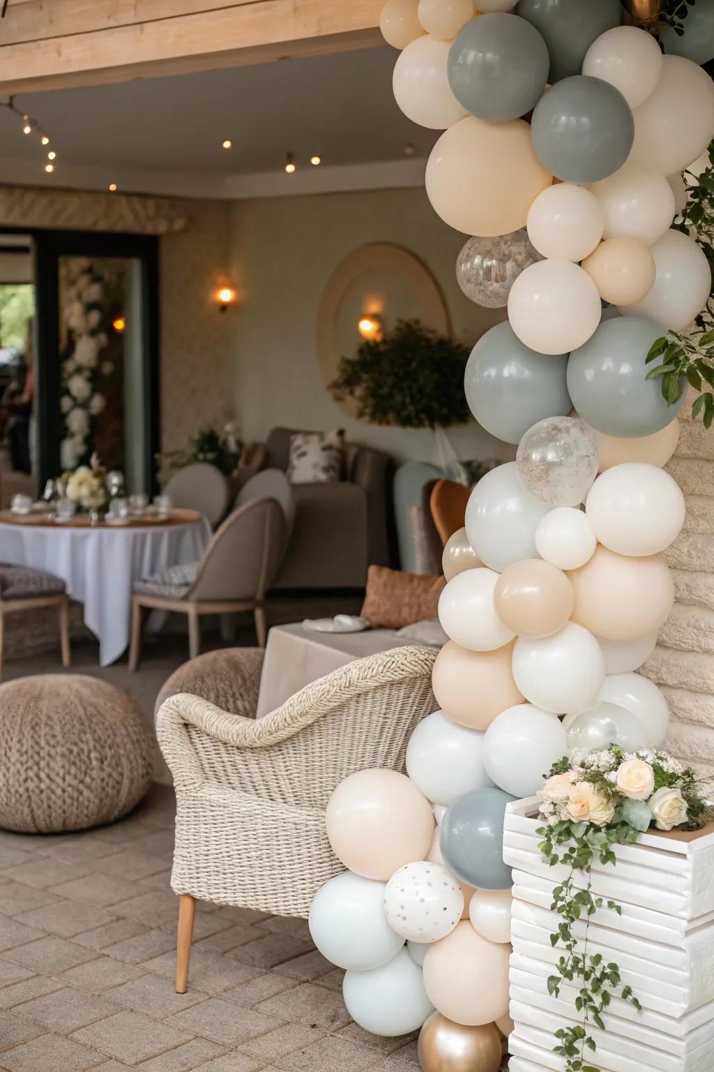 A seating area adorned with muted shade balloons.
