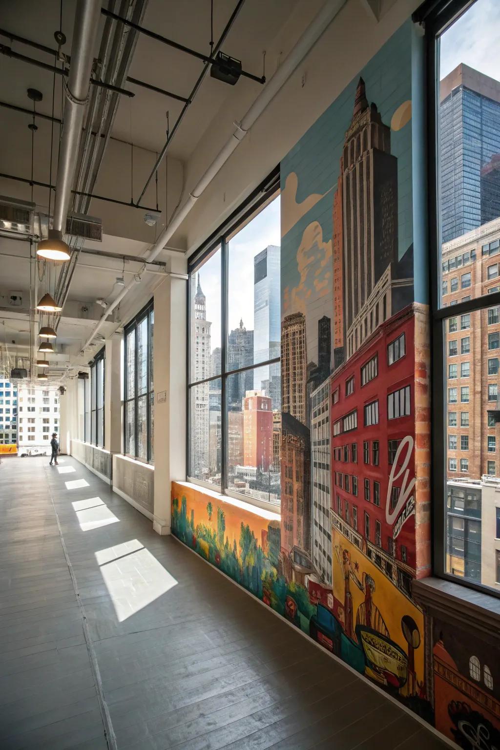 A loft featuring an urban graphic showcasing city views or street art.