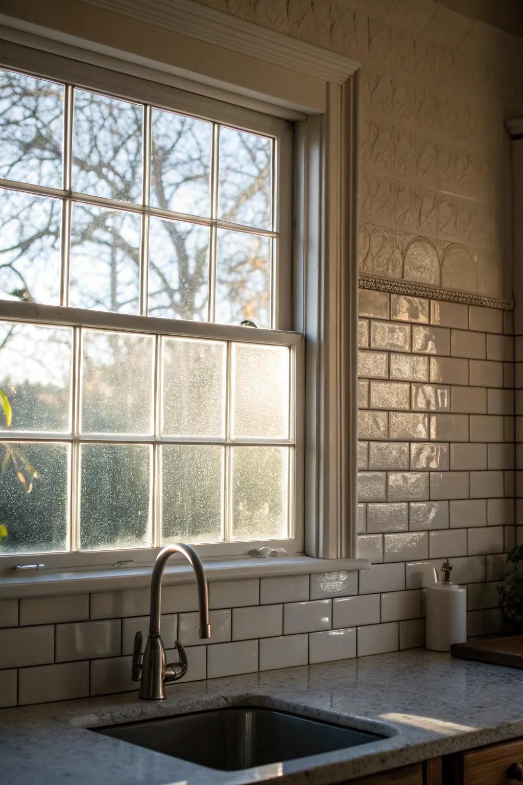Elegant shimmer tiles framing a kitchen window.