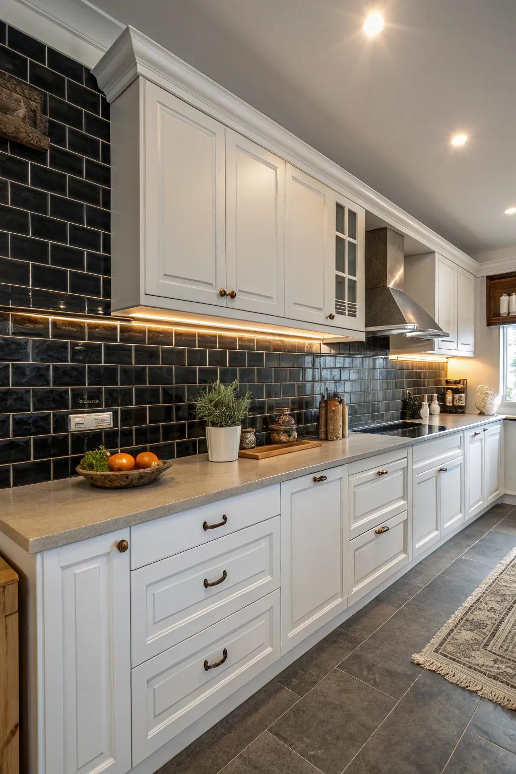 Somber backsplashes produce a remarkable juxtaposition within this white kitchen.