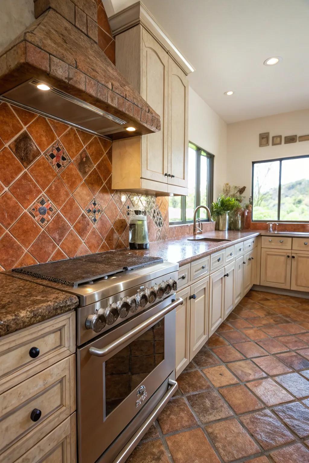 Terracotta tiles enhance the earthy tones of fantasy brown granite.