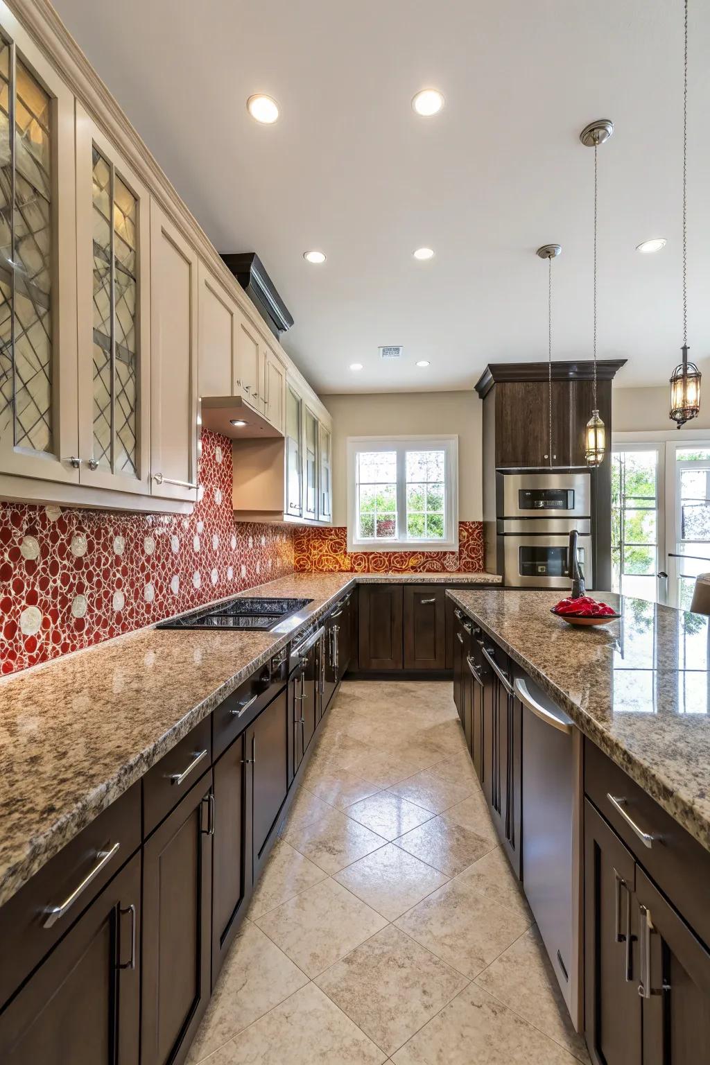Spacious kitchen areas are anchored by striking backsplash designs.