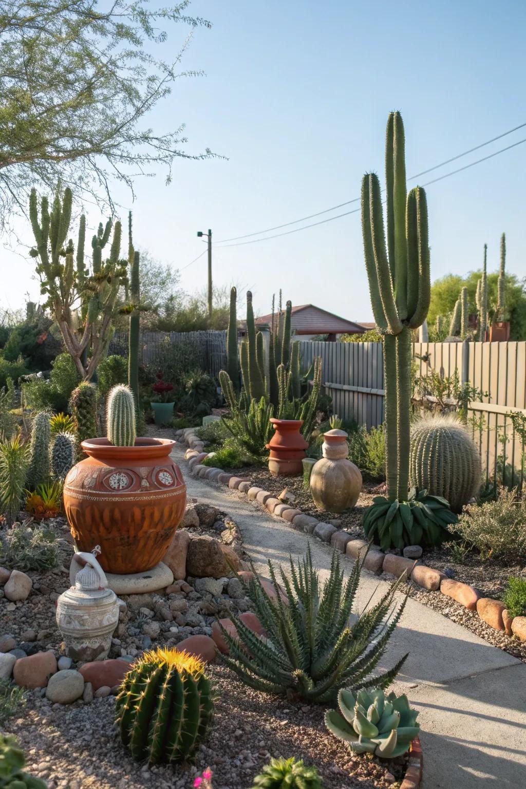 Artistic sculptures and pottery adding a unique flair to the cactus garden.