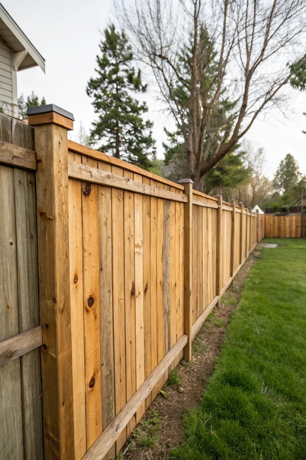Reclaimed wood fencing provides eco-friendliness and character.