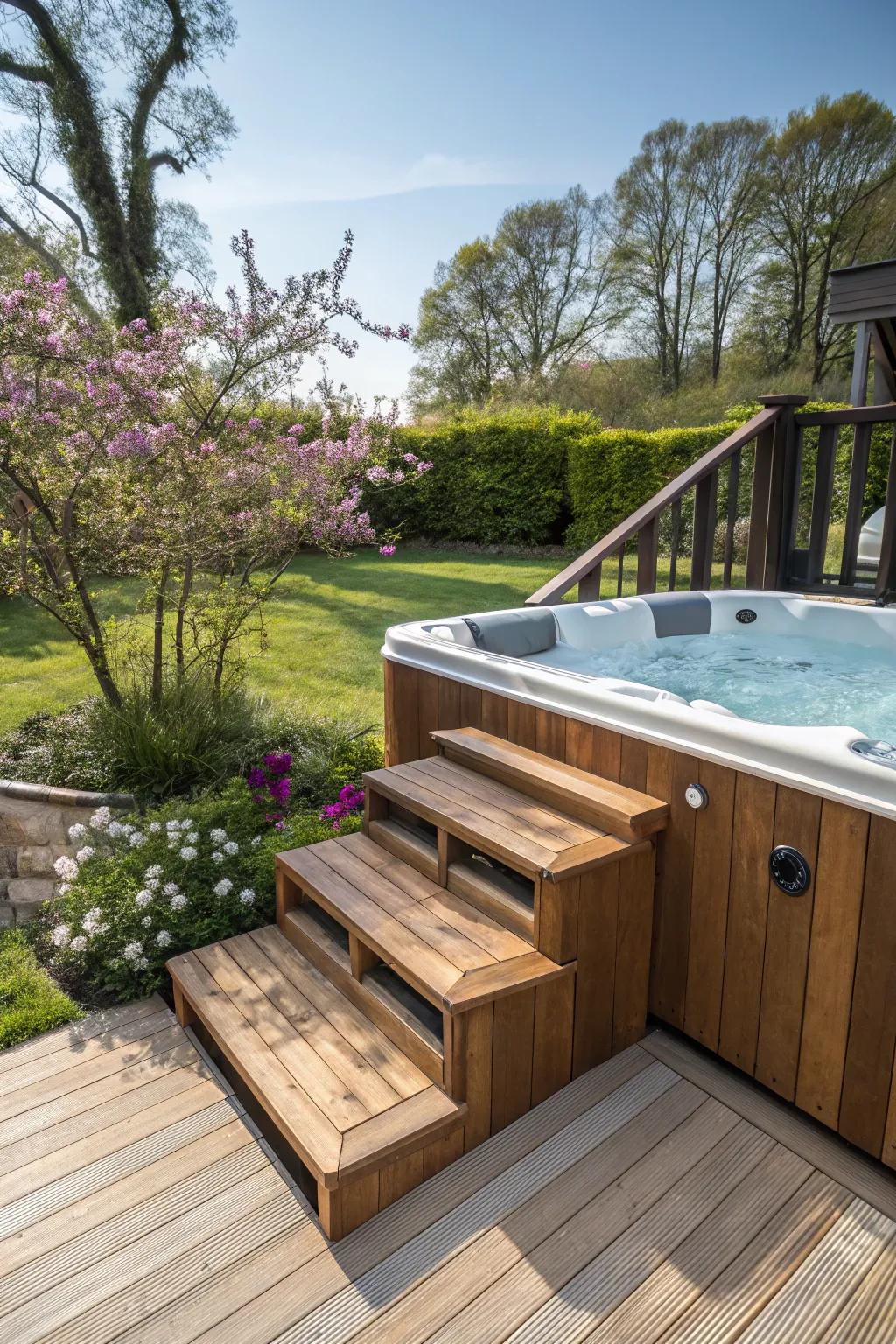 Steps not only improve access but also contribute a design element to your hot tub.