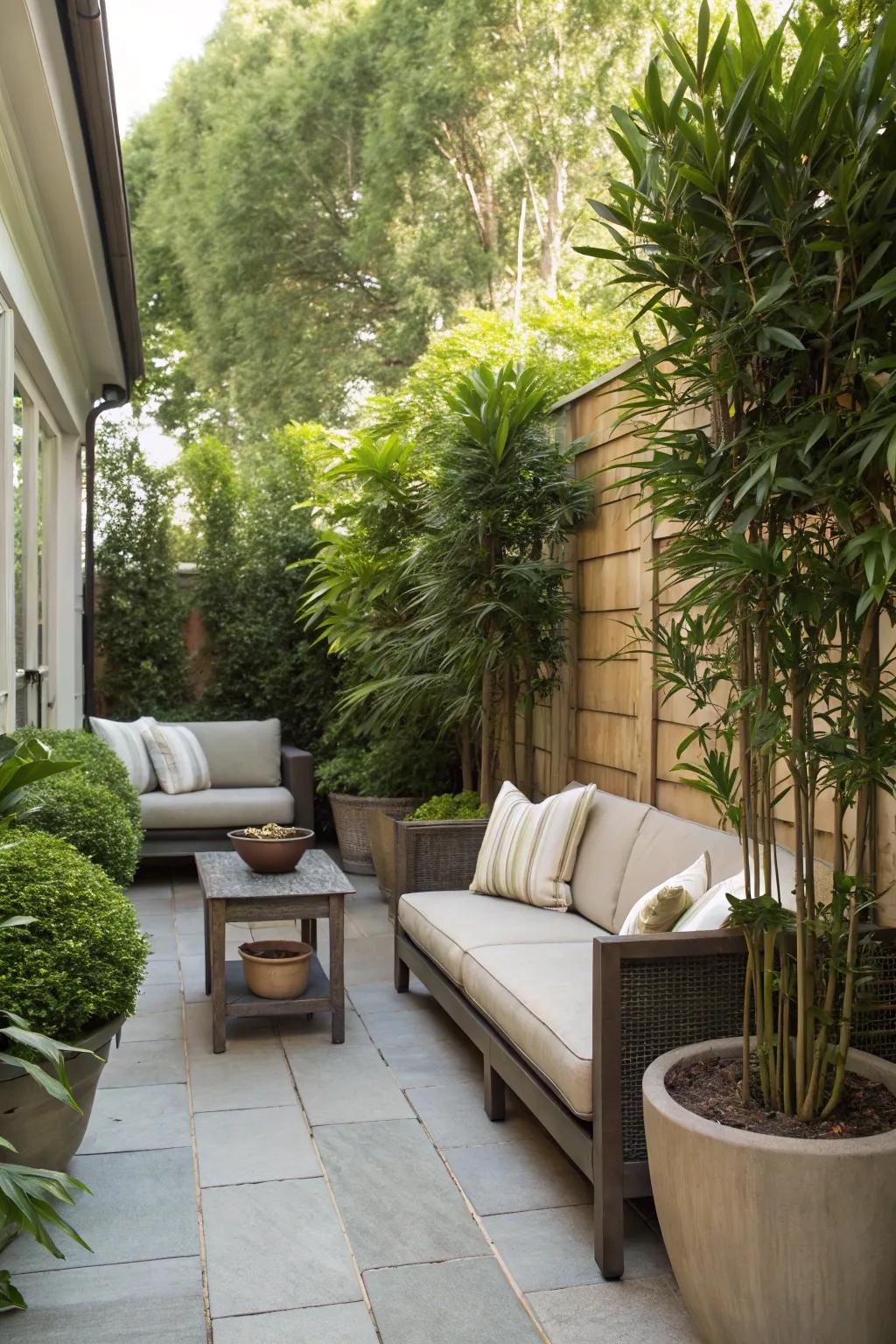 Tall plants offer privacy and enhance the green vibe.