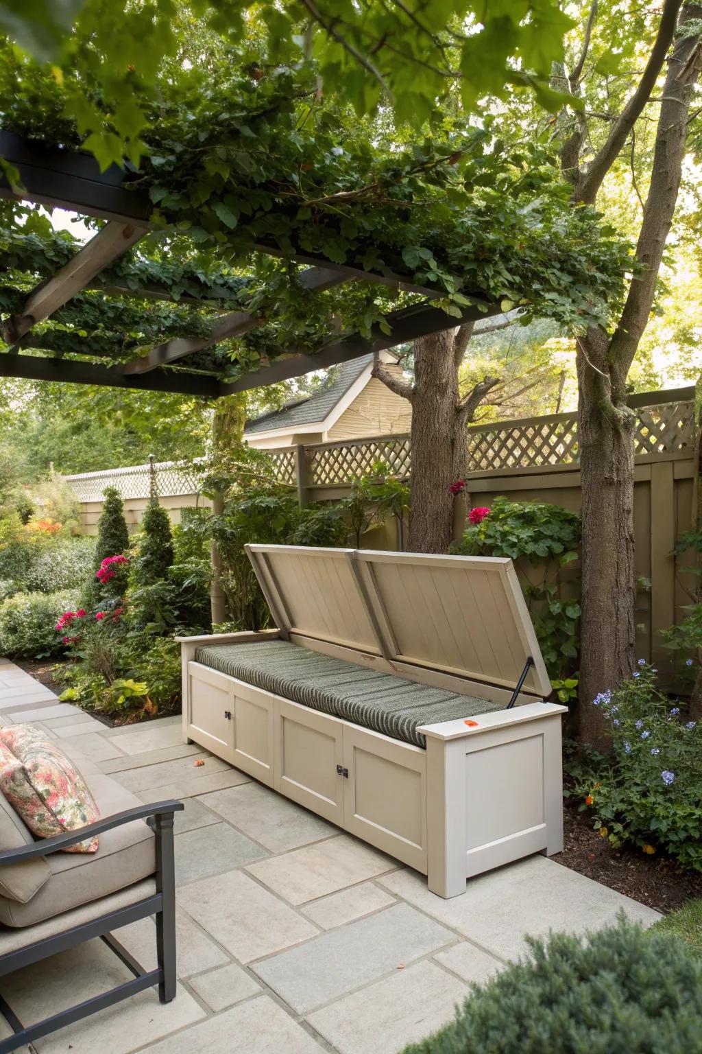 A sleek bench featuring concealed storage for patio essentials.