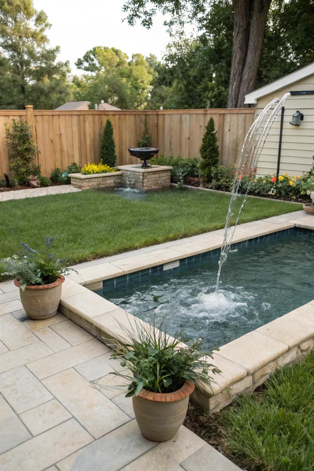 A backyard pool heightened with a calming water element.