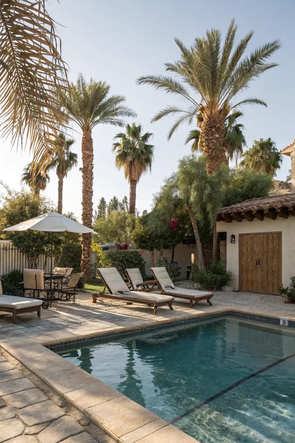 Sun recliners by the pool offer a perfect spot for relaxation.