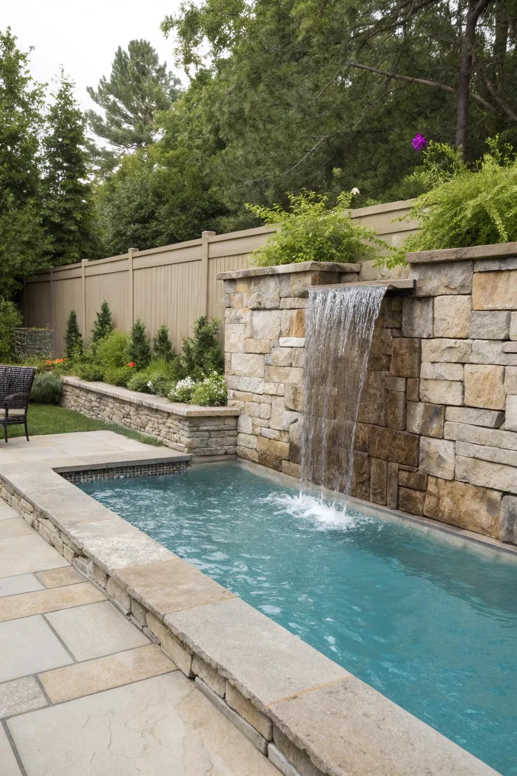 A water wall waterfall serves as a sophisticated focal point.
