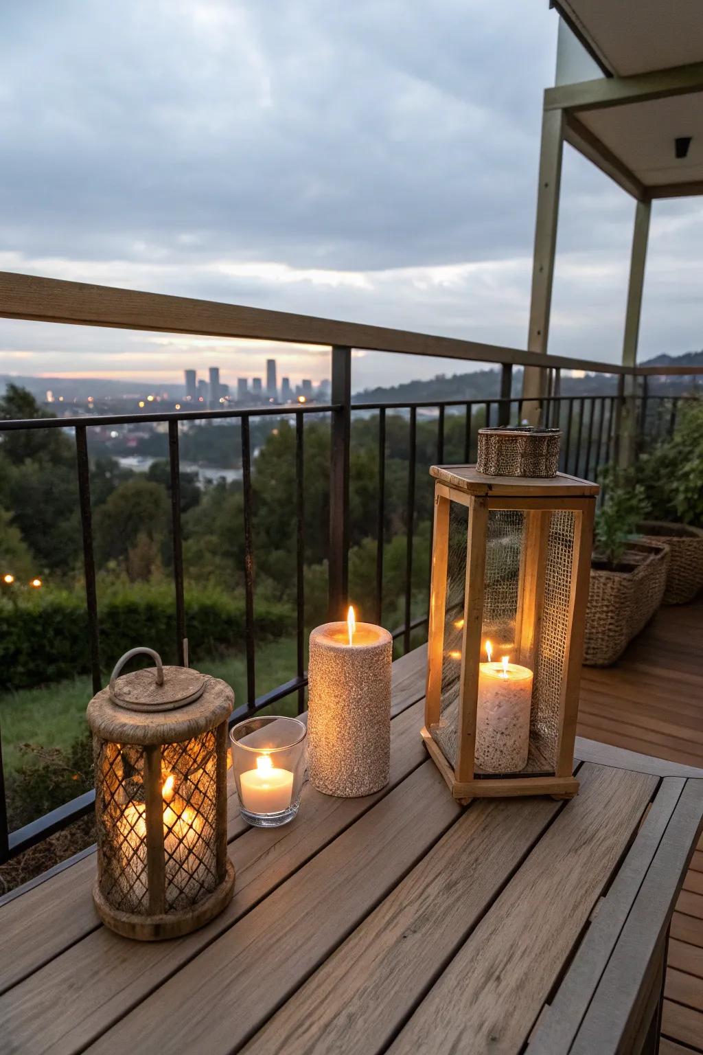 Candle holders offer an intimate and cozy lighting choice for balconies.