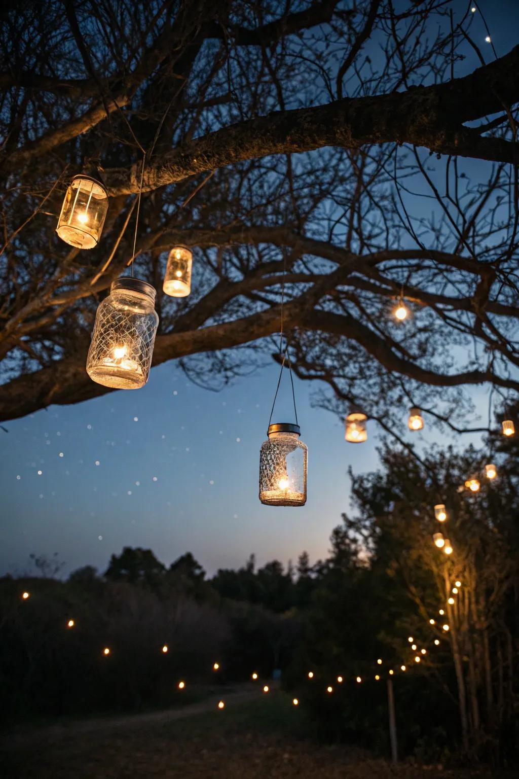 Quixotic garden lanterns fashioned from canning jars cultivate an enchanting atmosphere.