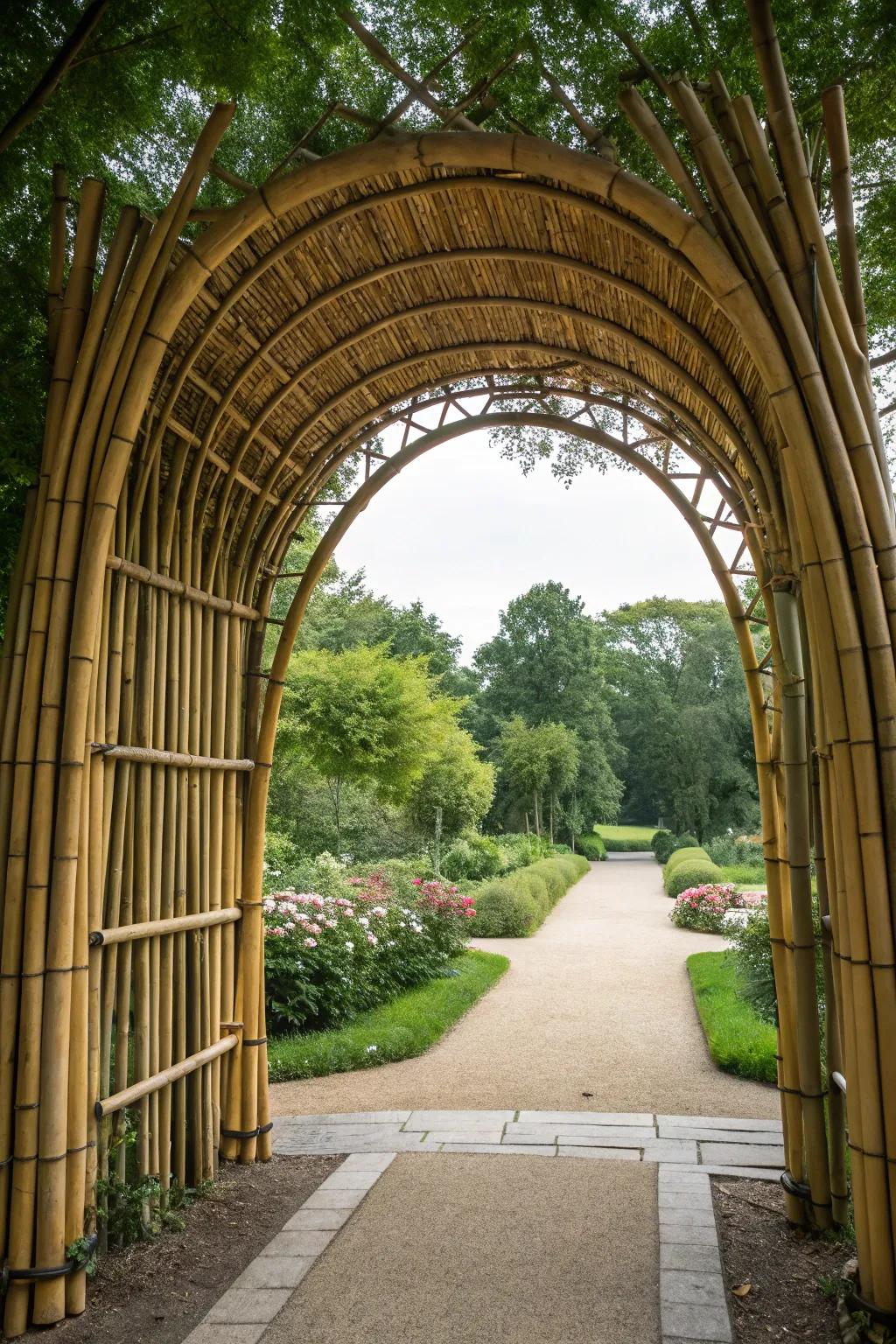 A bamboo archway creates a captivating garden entry.