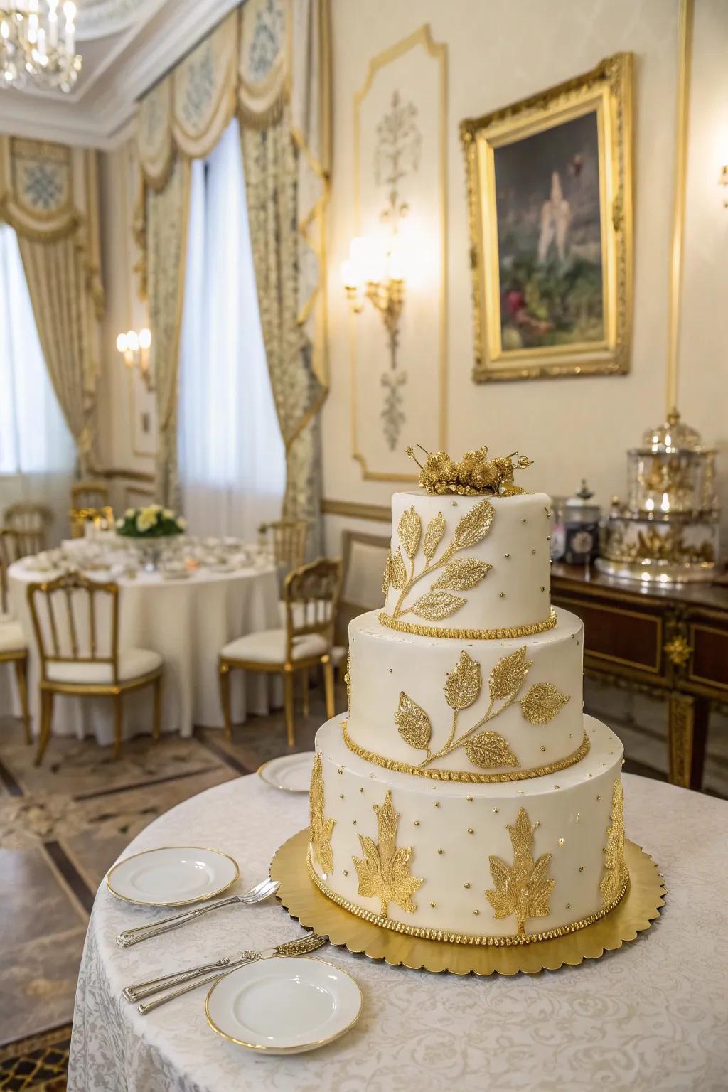 A luxurious cake with gilded accents for a touch of elegance.