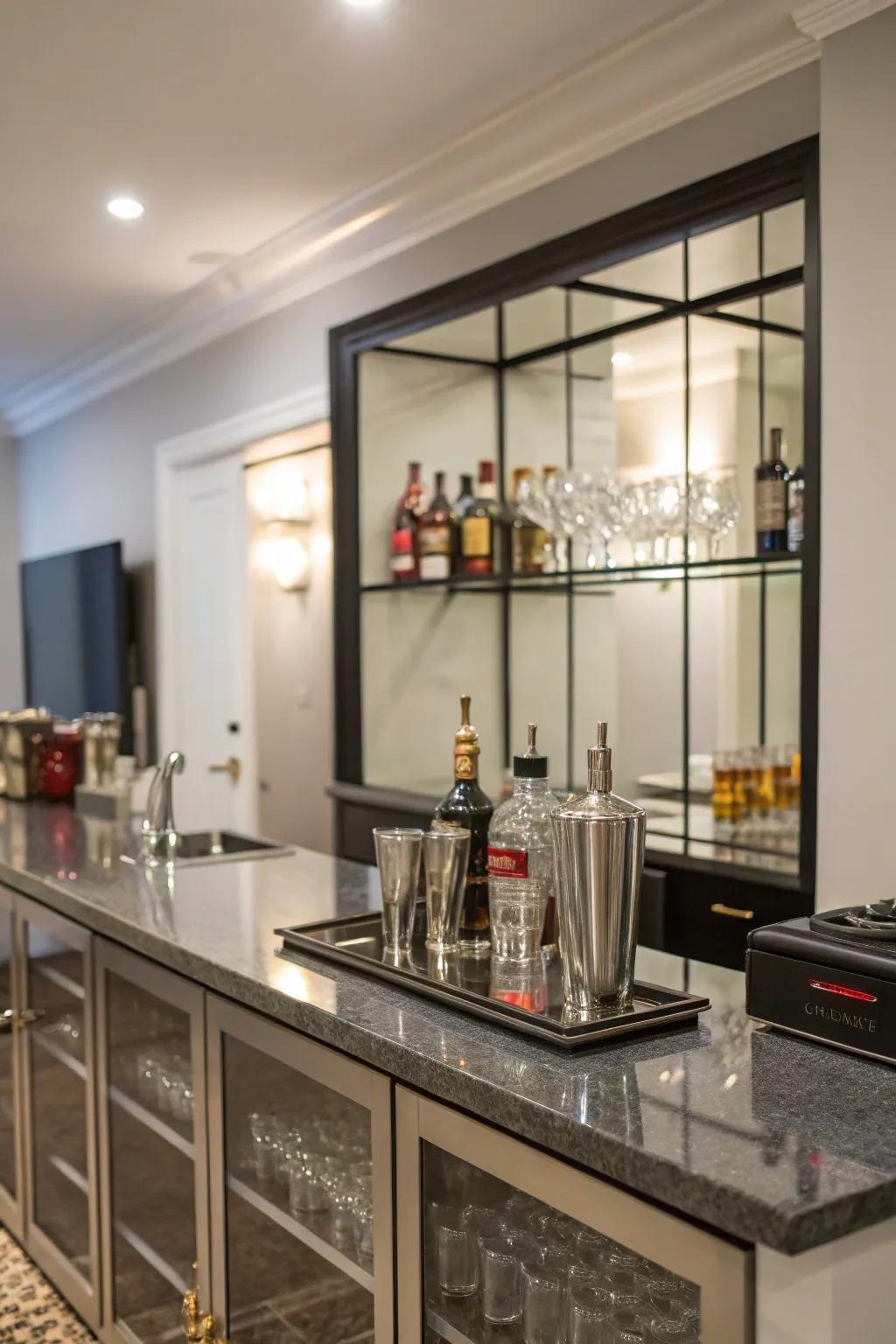 Functional worktops under mirrored racks for simple drink preparation.