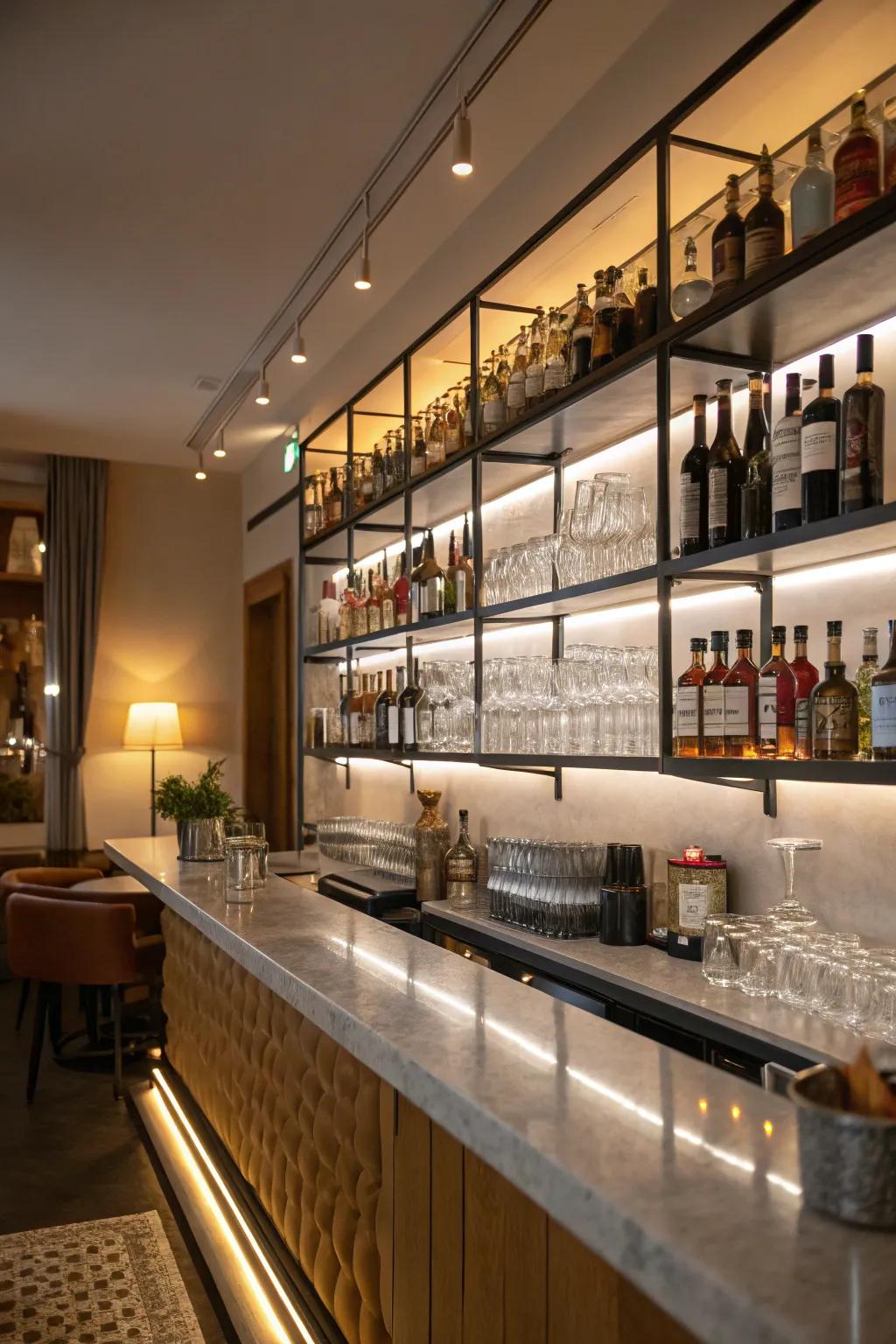 Utilizing skyward dimensions ensures the bar remains clutter-free and spacious.