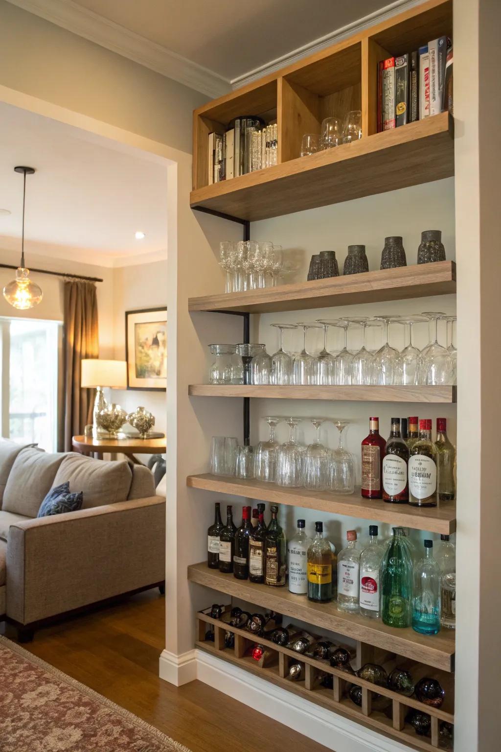 Staggered shelves maintain your bar must-haves organized.