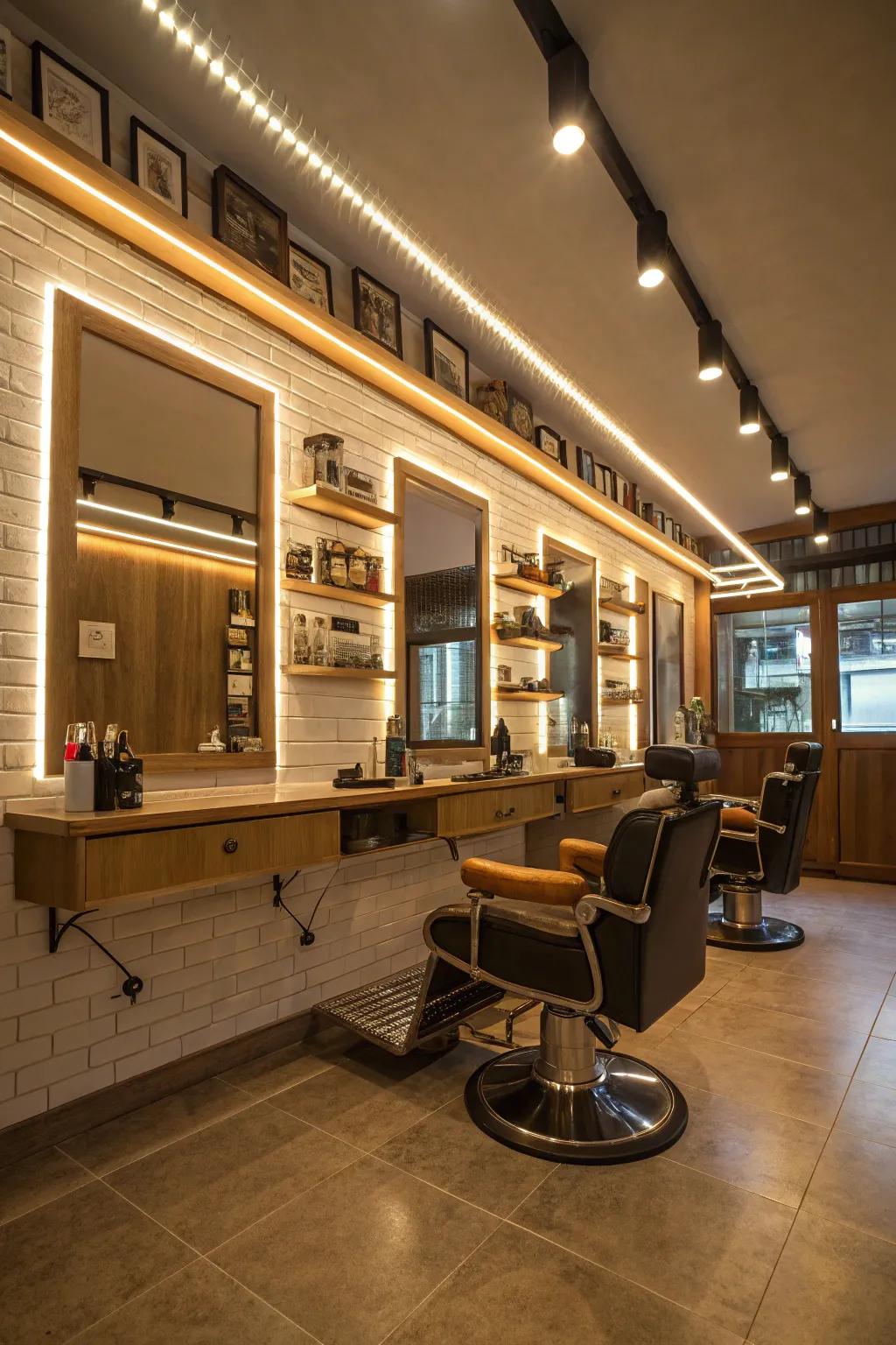 Modern elegance is added to a barbershop with subtle LED strip lighting.