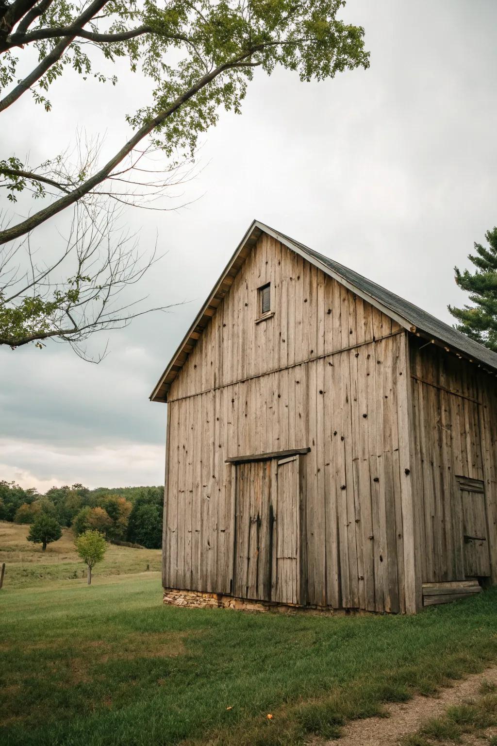 An uncolored wood barn that shows natural rustic beauty.
