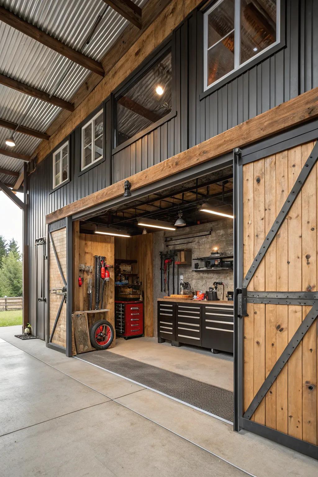 Manufacturing parts add a unique style to this barn garage.