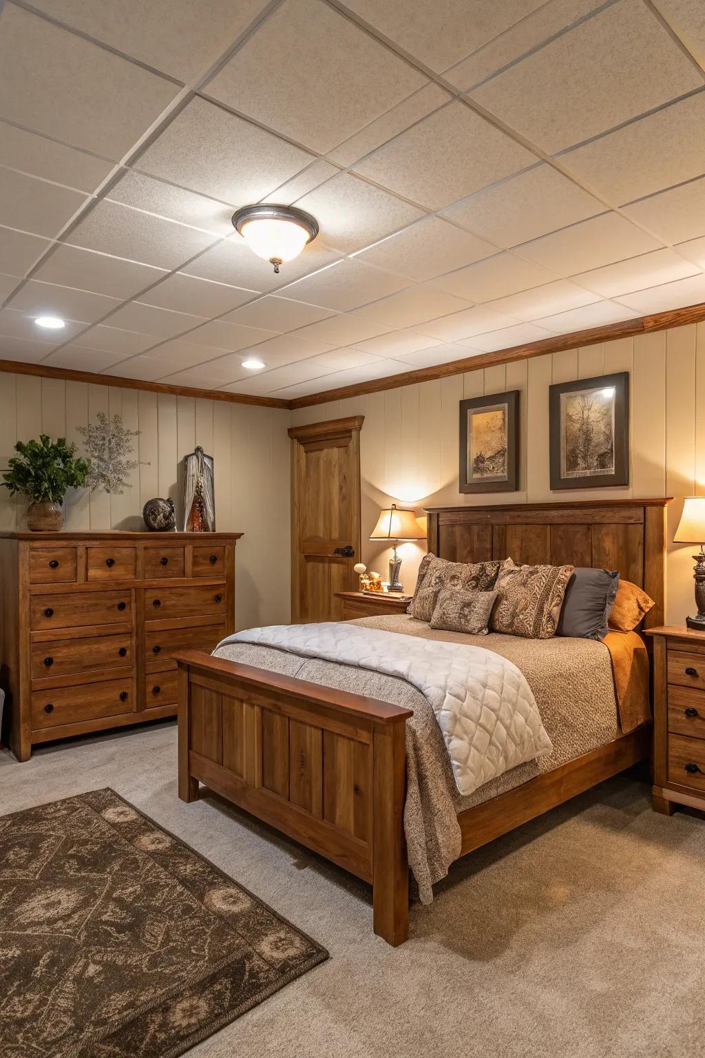 Warm wood features can substantially enrich the coziness of your basement bedroom.