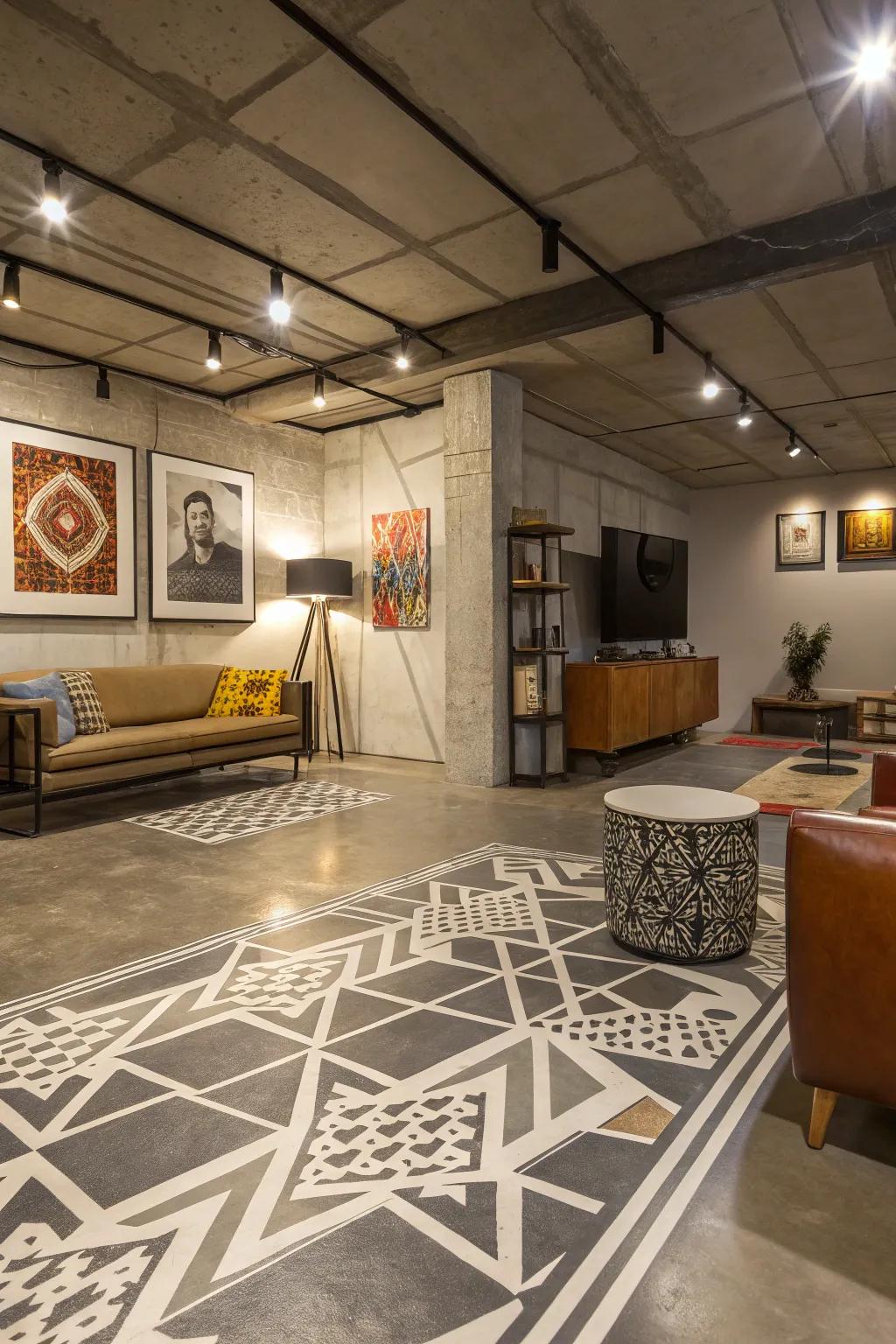 Contemporary spaces benefit from the artistic flair that geometric patterns on concrete floors provide.