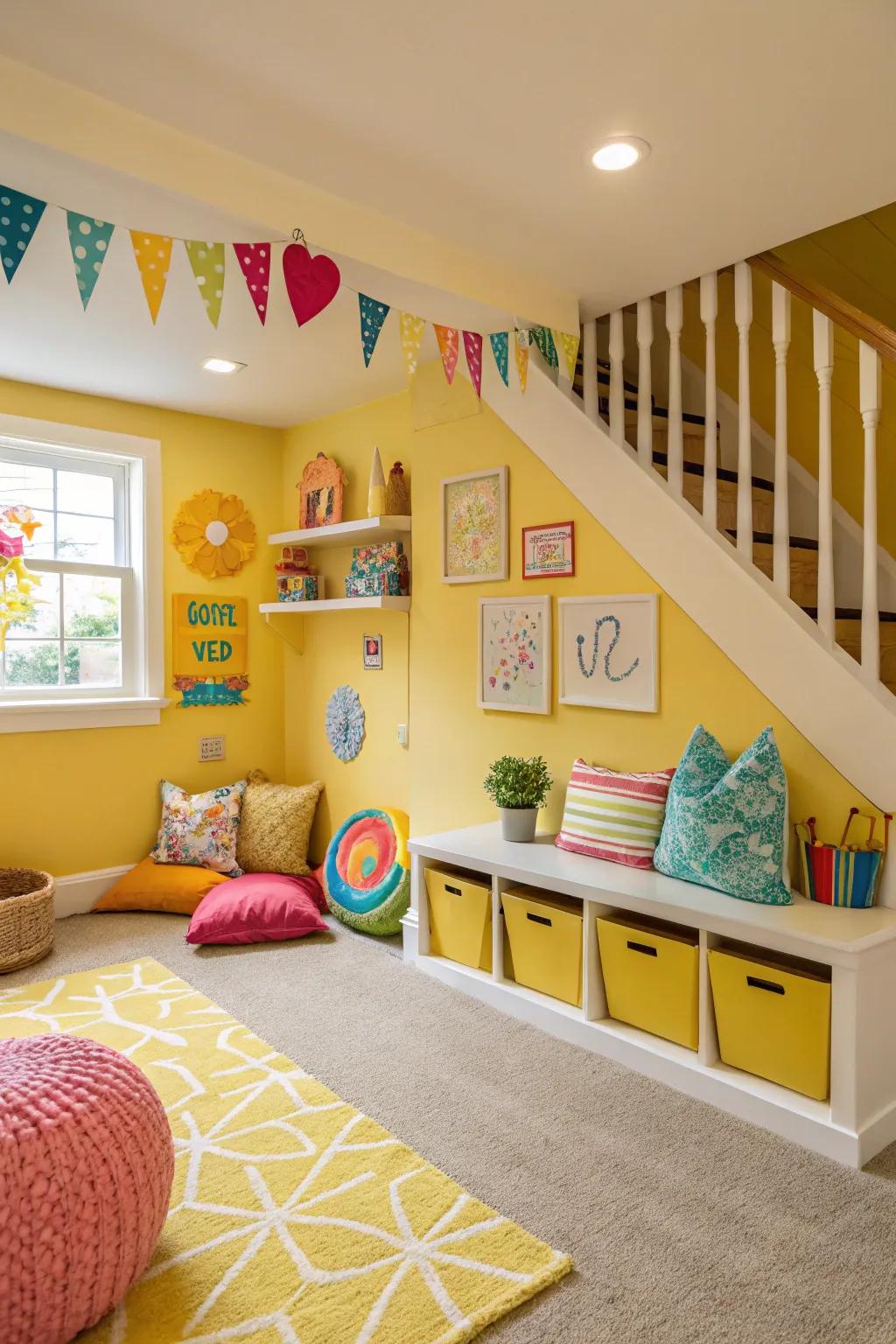 Radiant yellow walls bring cheerfulness to this playful space.