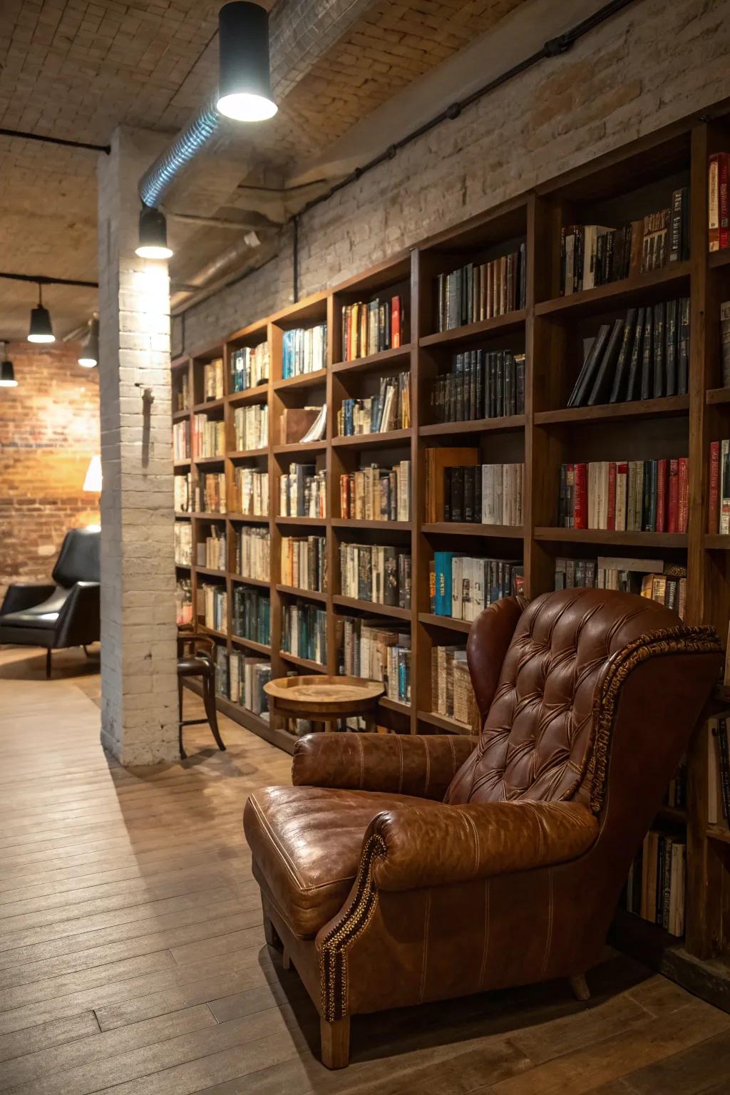 With library-style shelving, you can turn your basement into a cozy retreat for bookworms.