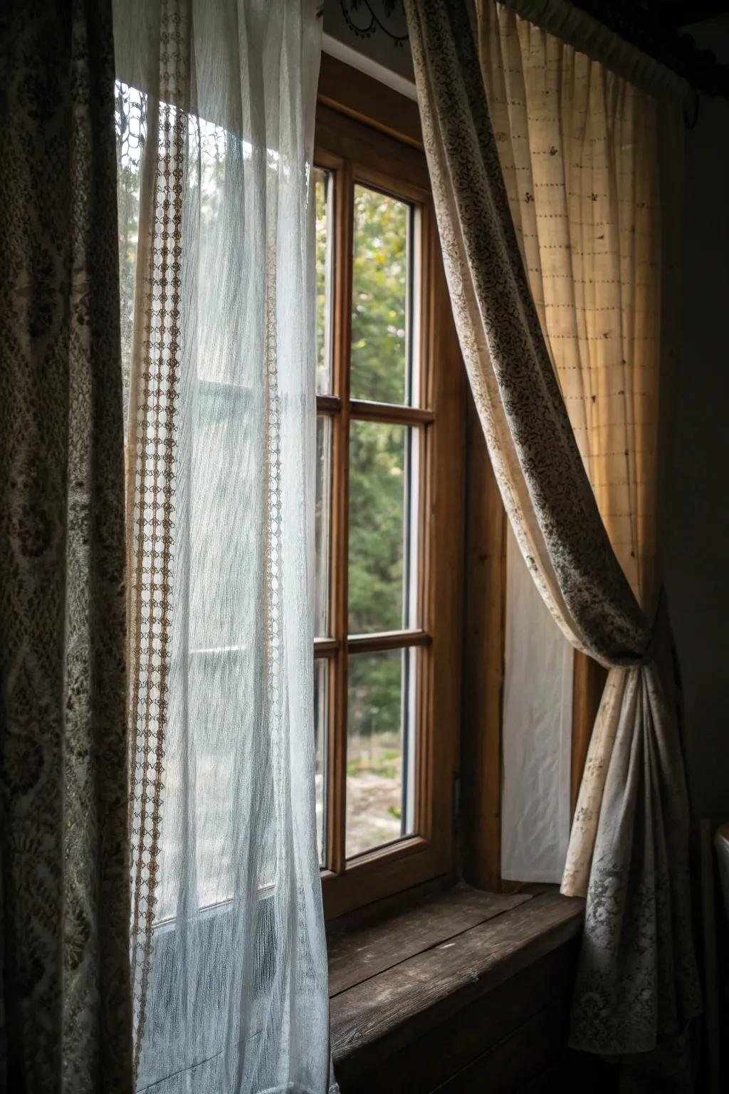 Mixed fabrics create a textured and captivating look.