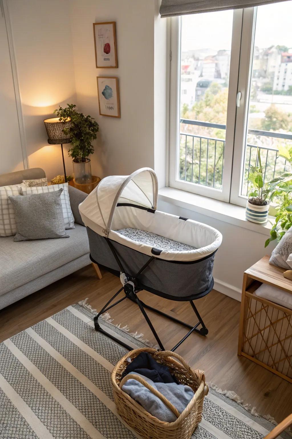 Maximize space utilizing a convenient foldable bassinet.