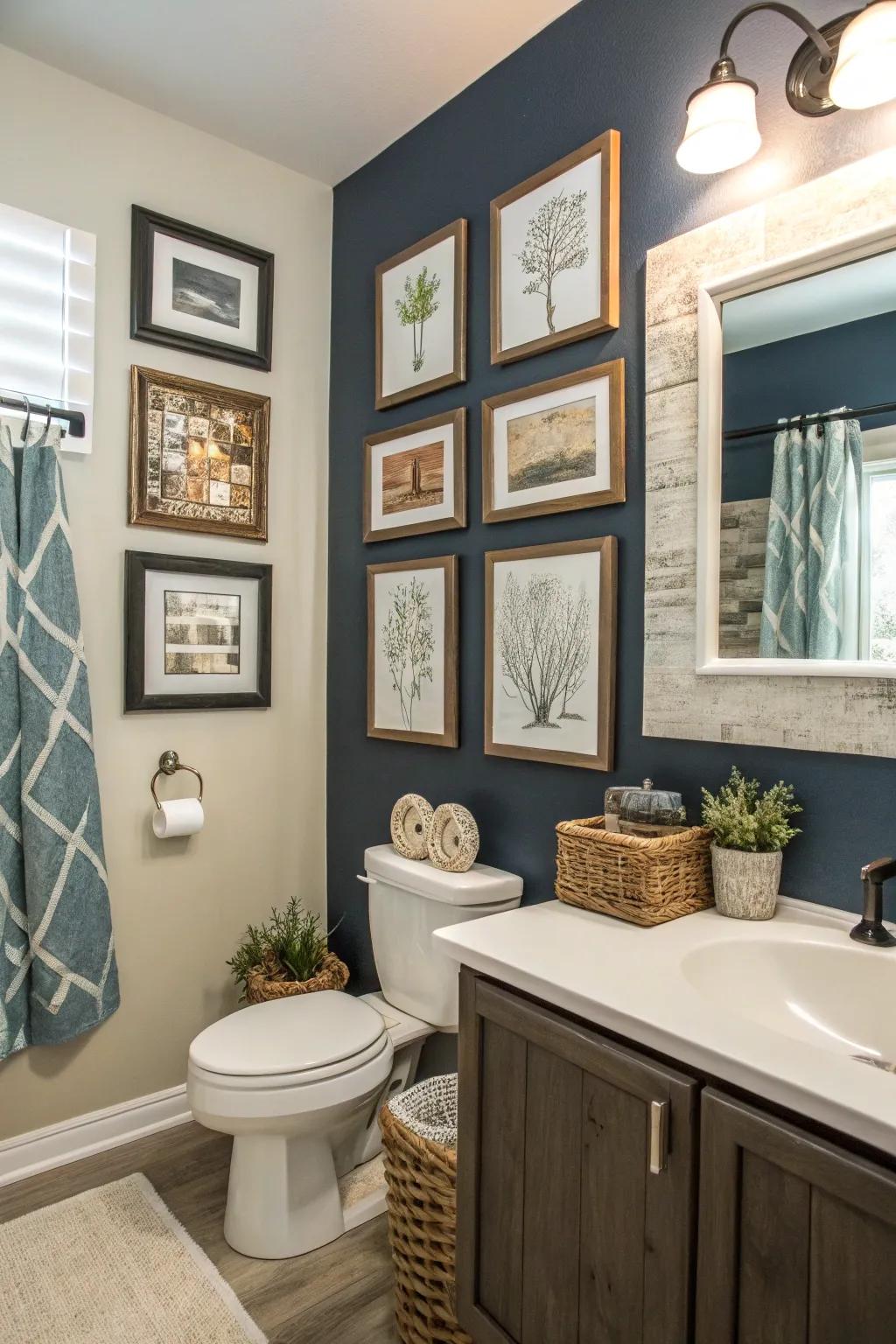 Adding framed art is a great personal touch for any bathroom.