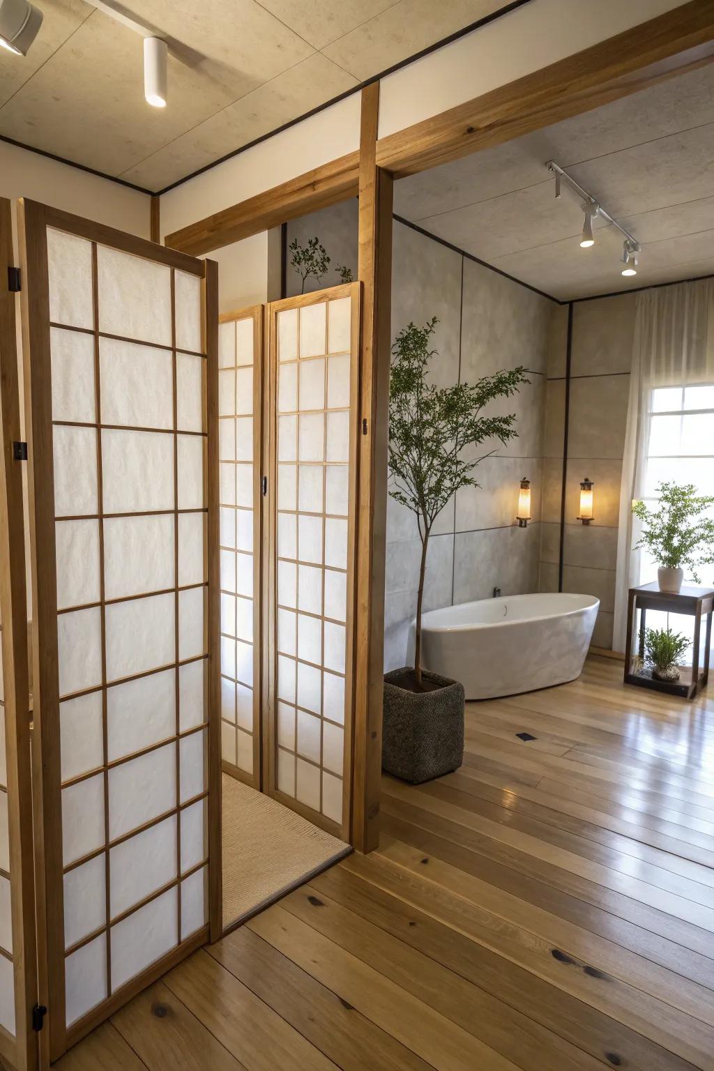 Shoji screens evoke a tranquil, Eastern-inspired design.