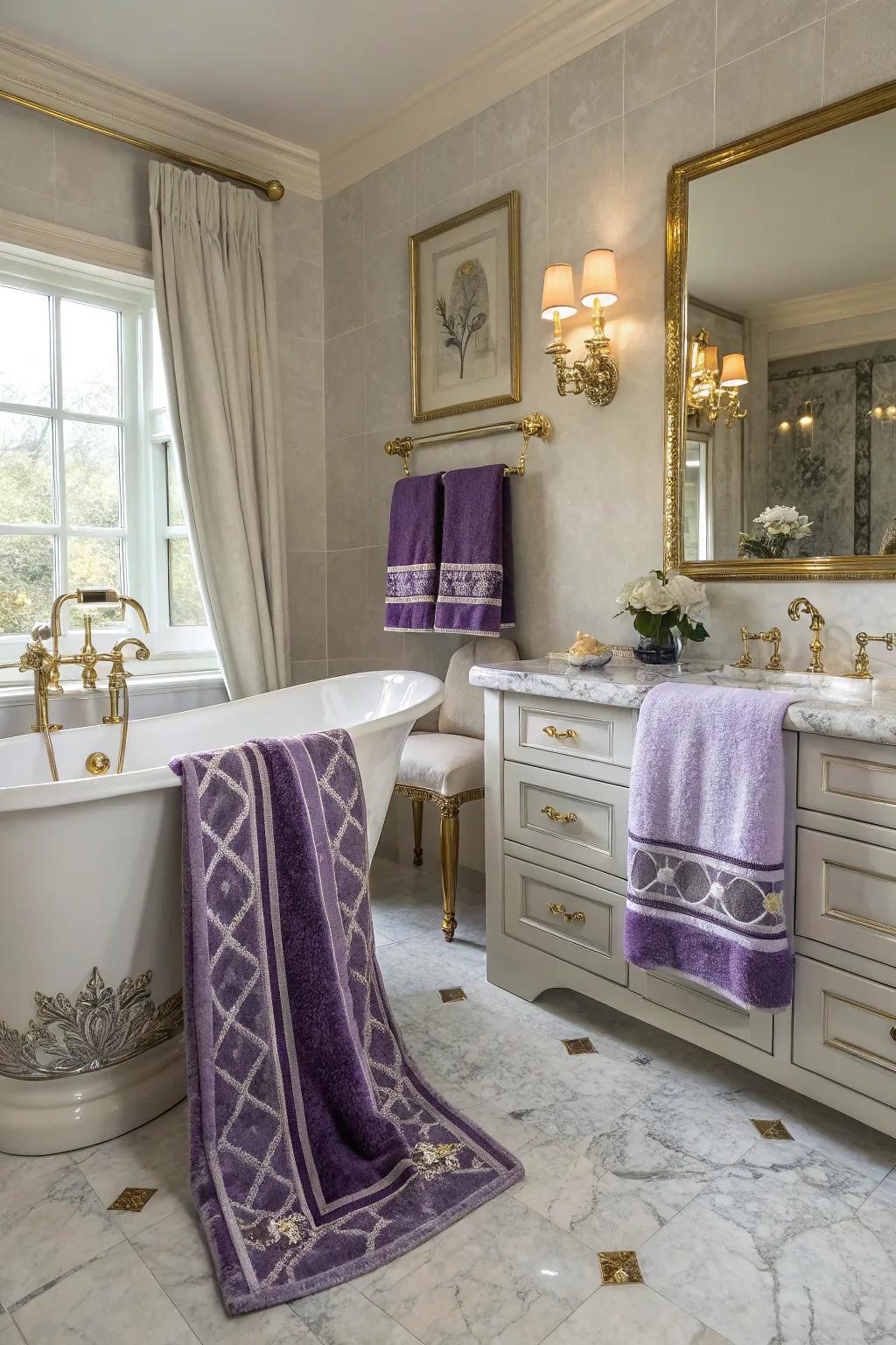 Lilac and argent towels offer an opulent and regal sensation.