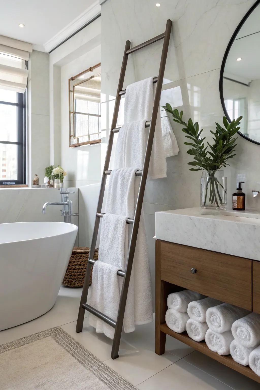 Add a contemporary aspect with a space-saving towel ladder.