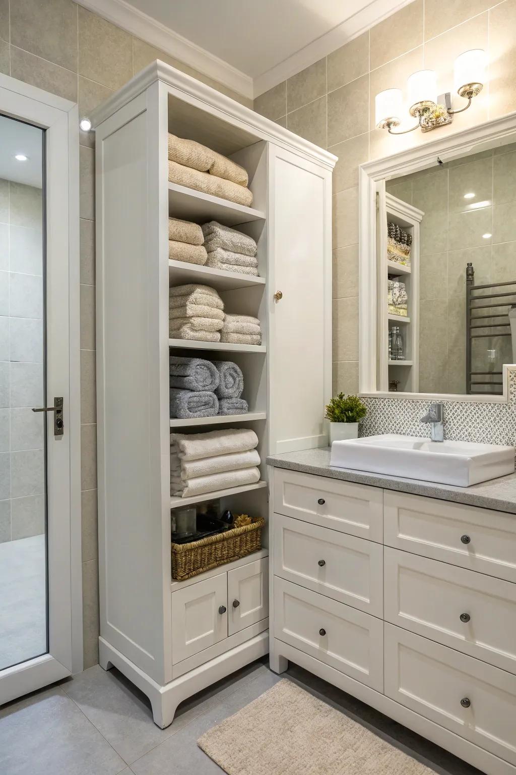Linen closets offer spacious and integrated towel storage.