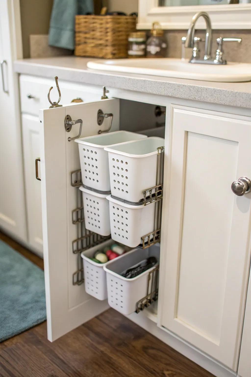 Take advantage of door backs for discreet storage solutions.