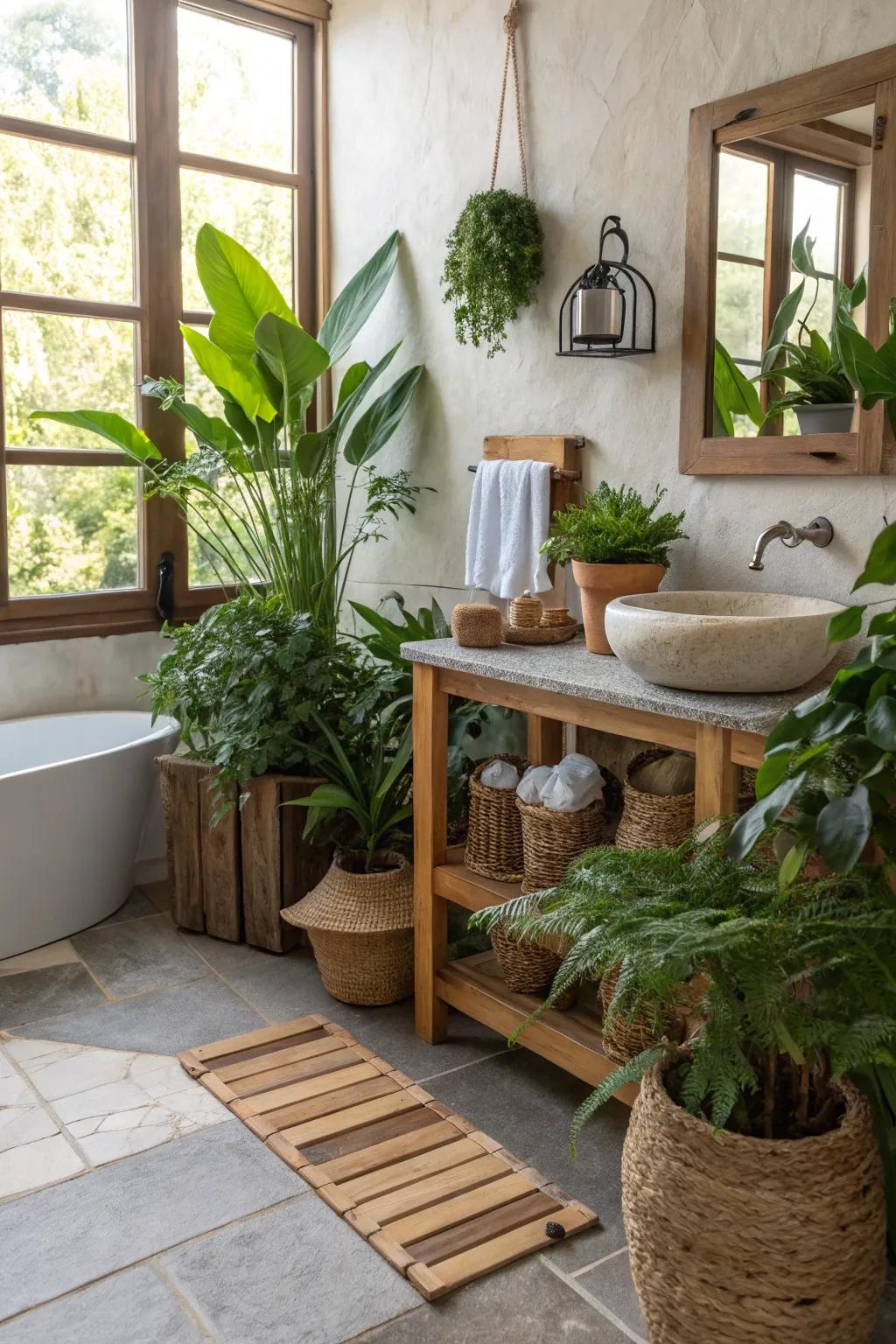 Plants bring energy and a fresh feel to bathroom walls.