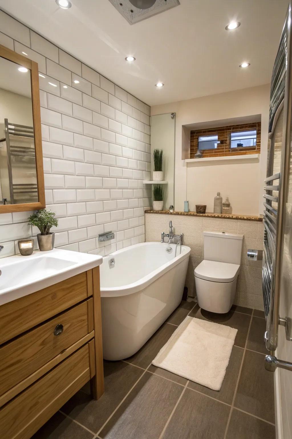 A small yet chic bathroom featuring a compact standalone tub.