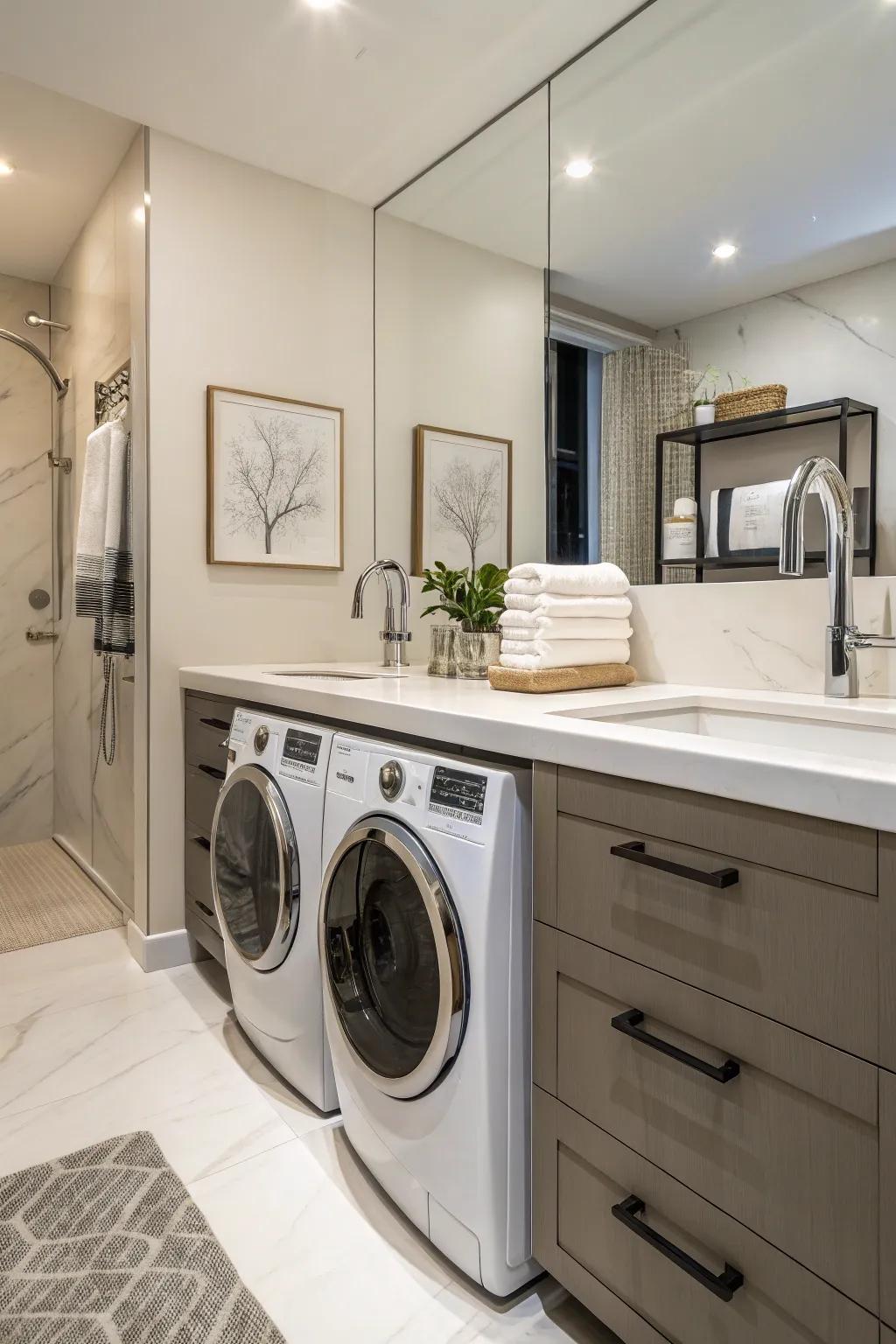 Fashionable fixtures impart a dash of elegance to the washing space.