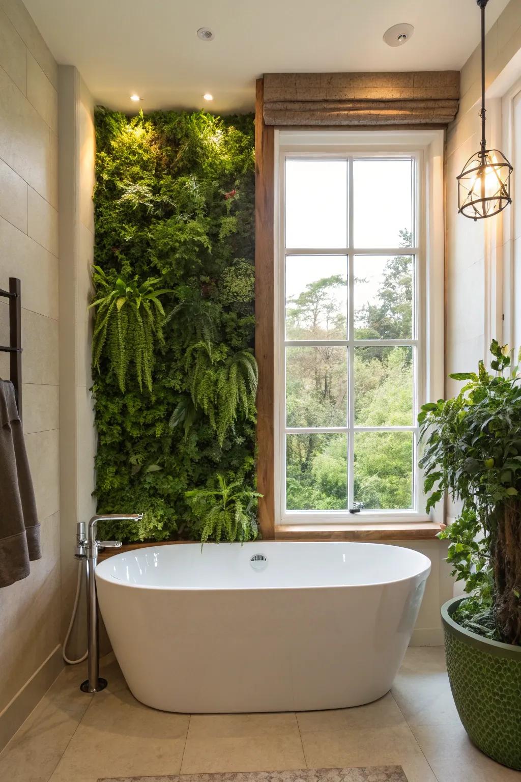 A vertical garden wall injects vibrancy into the bathroom.