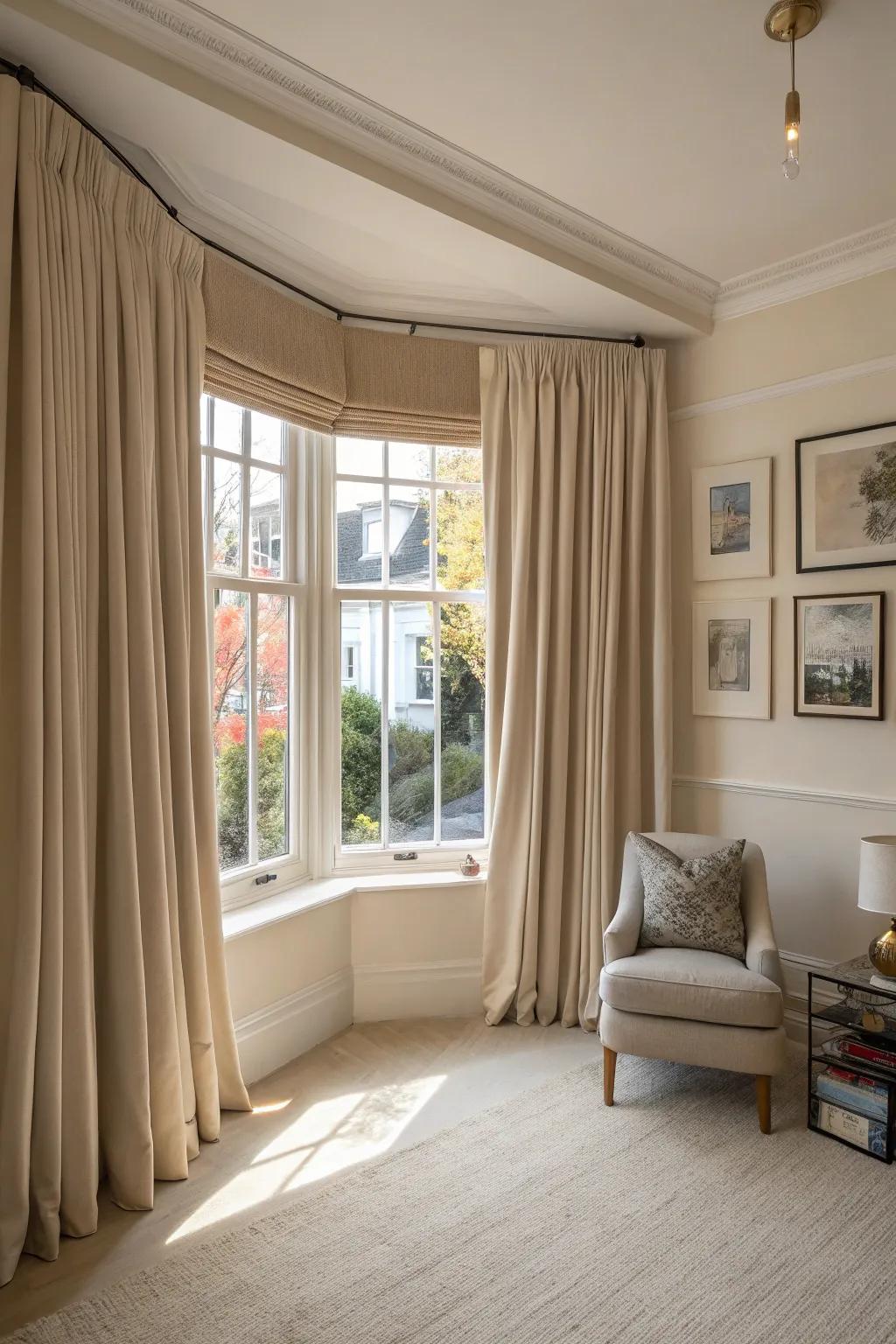 Minimalist curtains offer a neat and cohesive look for bay windows.