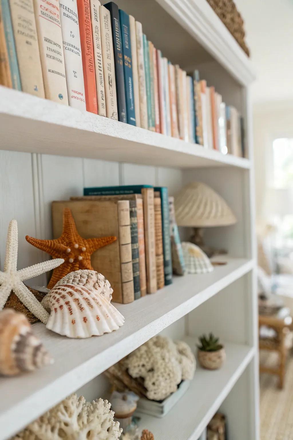 Revamp your shelving unit with a serene beach ambiance.