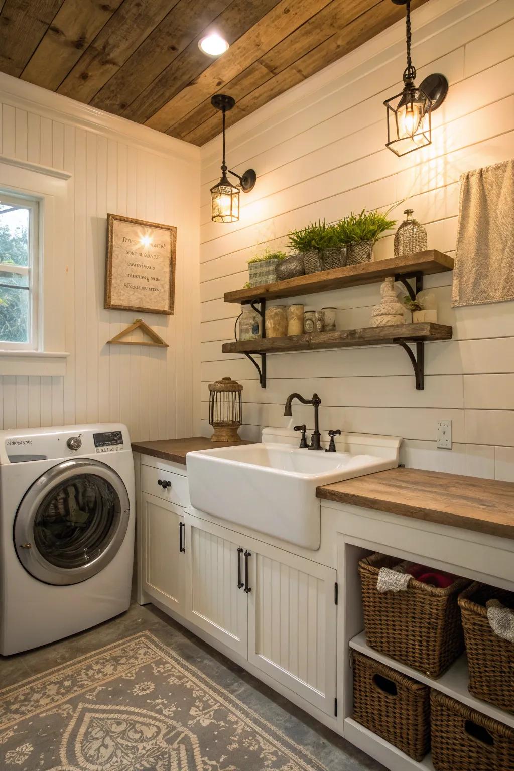Grooved paneling provides warmth to utility rooms.
