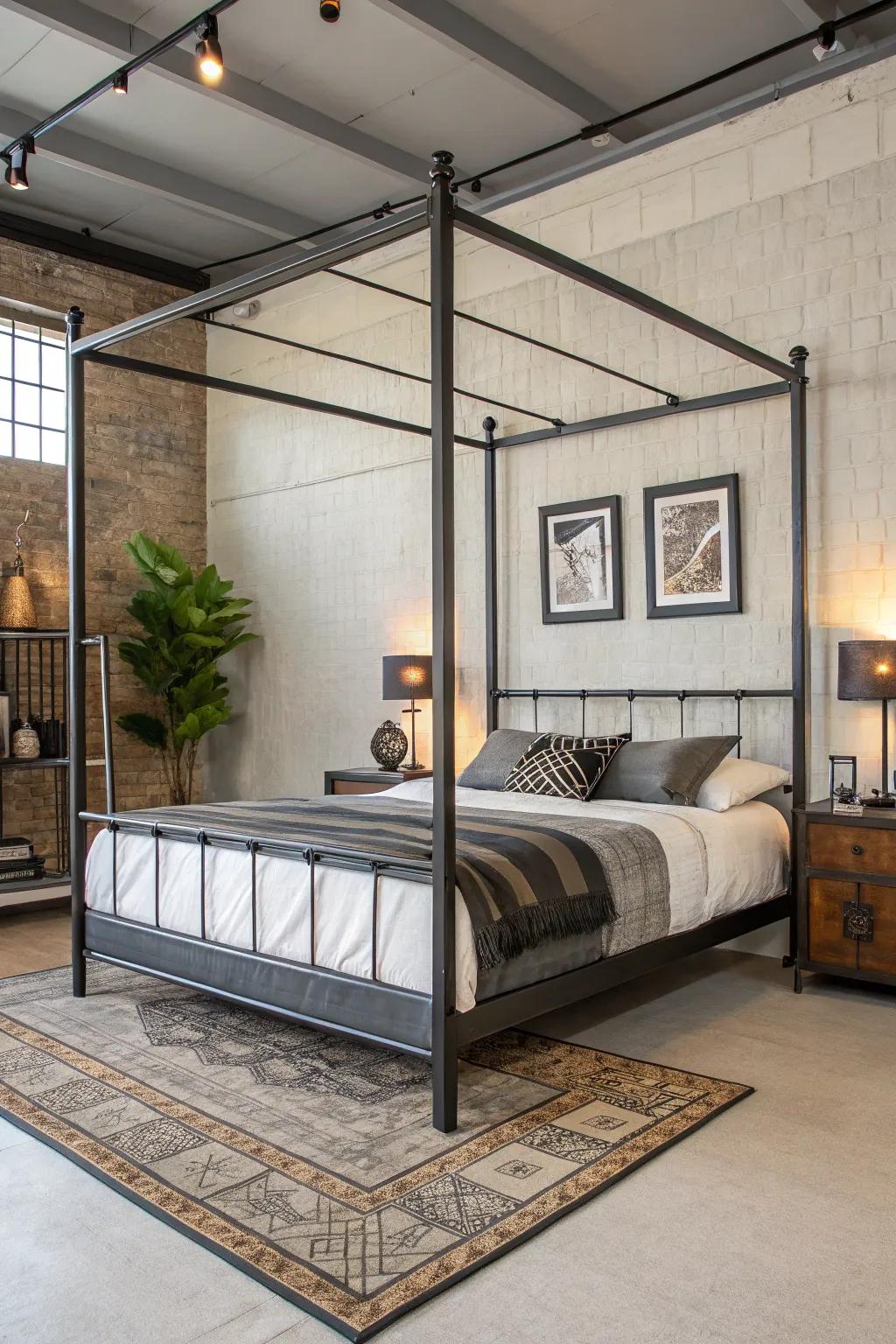 An urban steel bed base makes a daring, modern assertion.