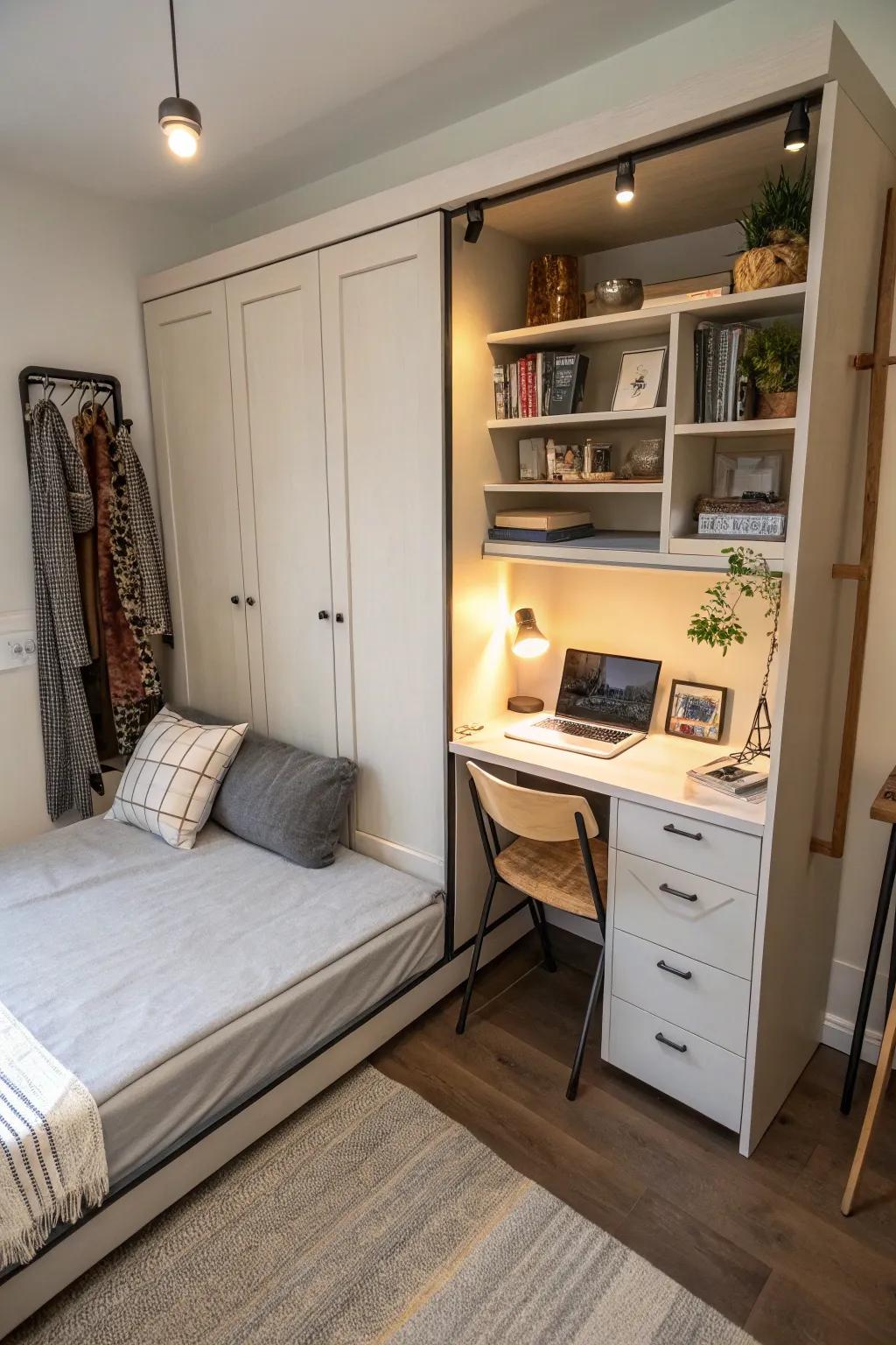 A fold-down desk adds functionality to your closet bed space.