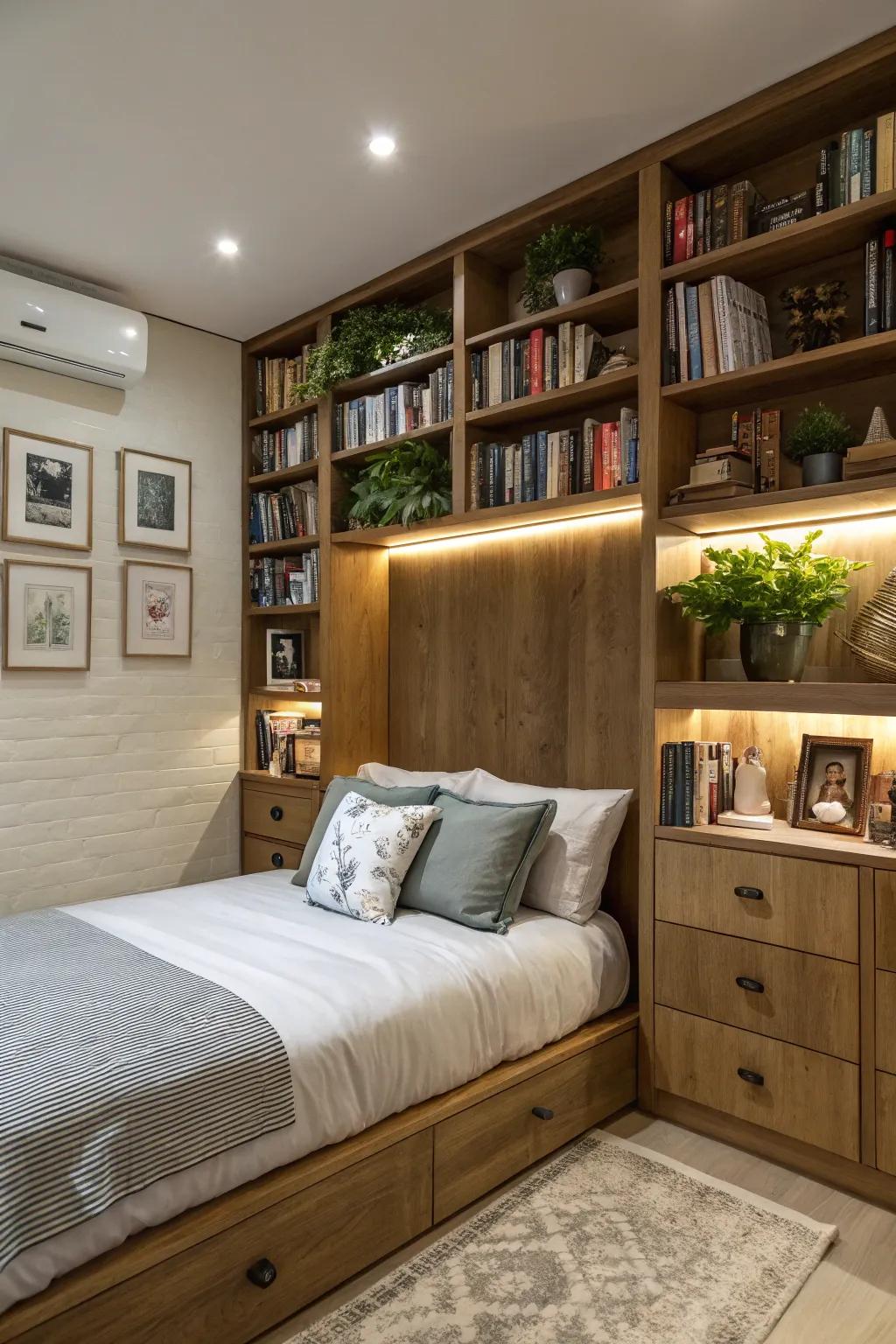 Bookshelves contribute function and charm to a corner bed.