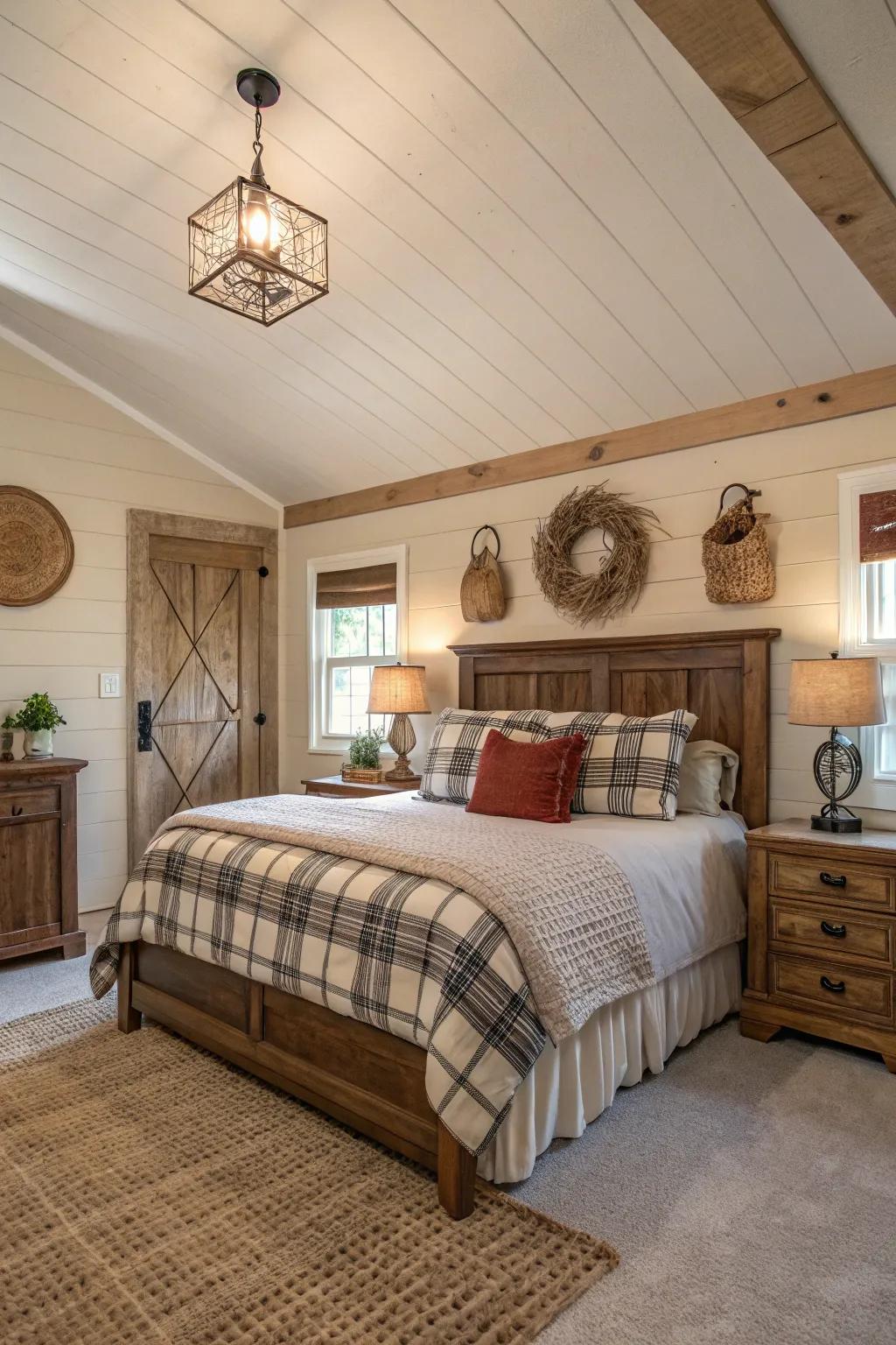 Shiplap ceilings enhance farmhouse charm.