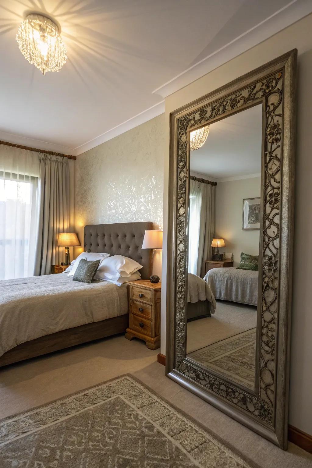 Mirrors enhance space and lighting, making the bedroom appear larger.