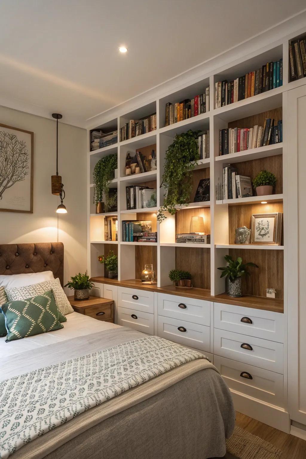 Built-in shelves maximize storage and preserve a clean, streamlined appearance.